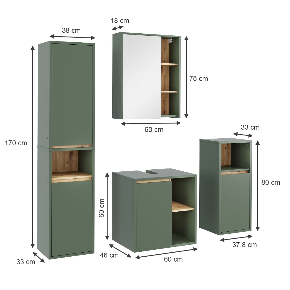 Set di mobili da bagno in Verde/Artigianale su sfondo bianco con dimensioni visibili