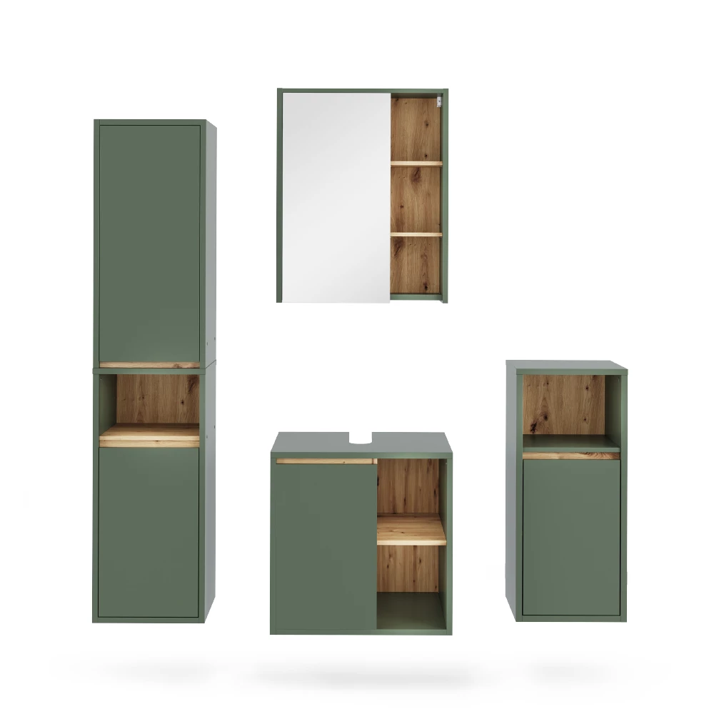 Set di mobili da bagno in Verde/Artigianale su sfondo bianco