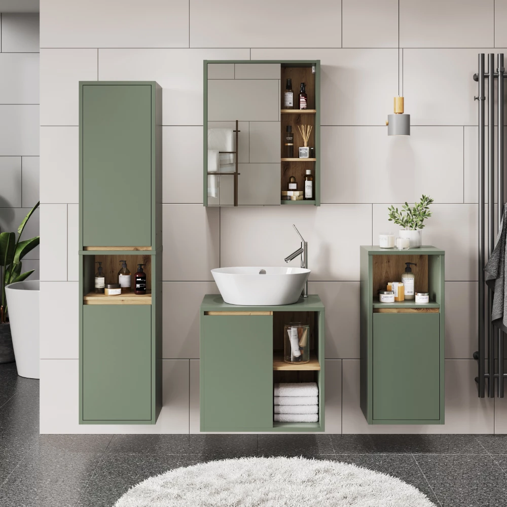 Set di mobili da bagno in Verde/Artigianale, mostrato in un ambiente ambientale con decorazioni
