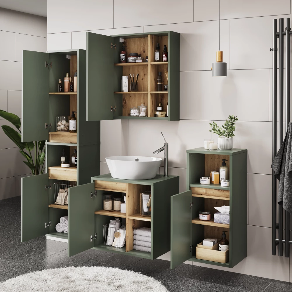 Primo piano di Set di mobili da bagno in Verde/Artigianale, mostrando design e dettagli della superficie