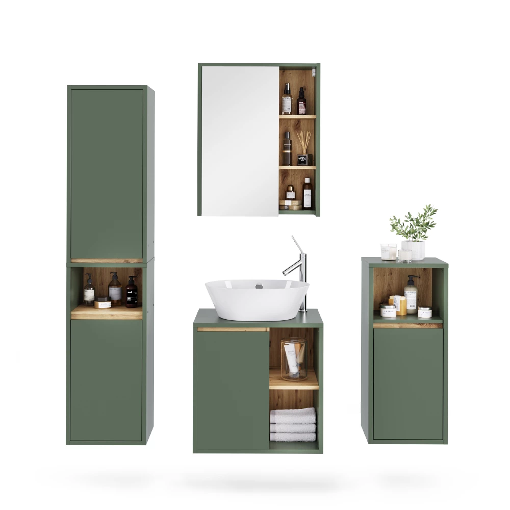 Set di mobili da bagno in Verde/Artigianale su sfondo bianco con elementi decorativi
