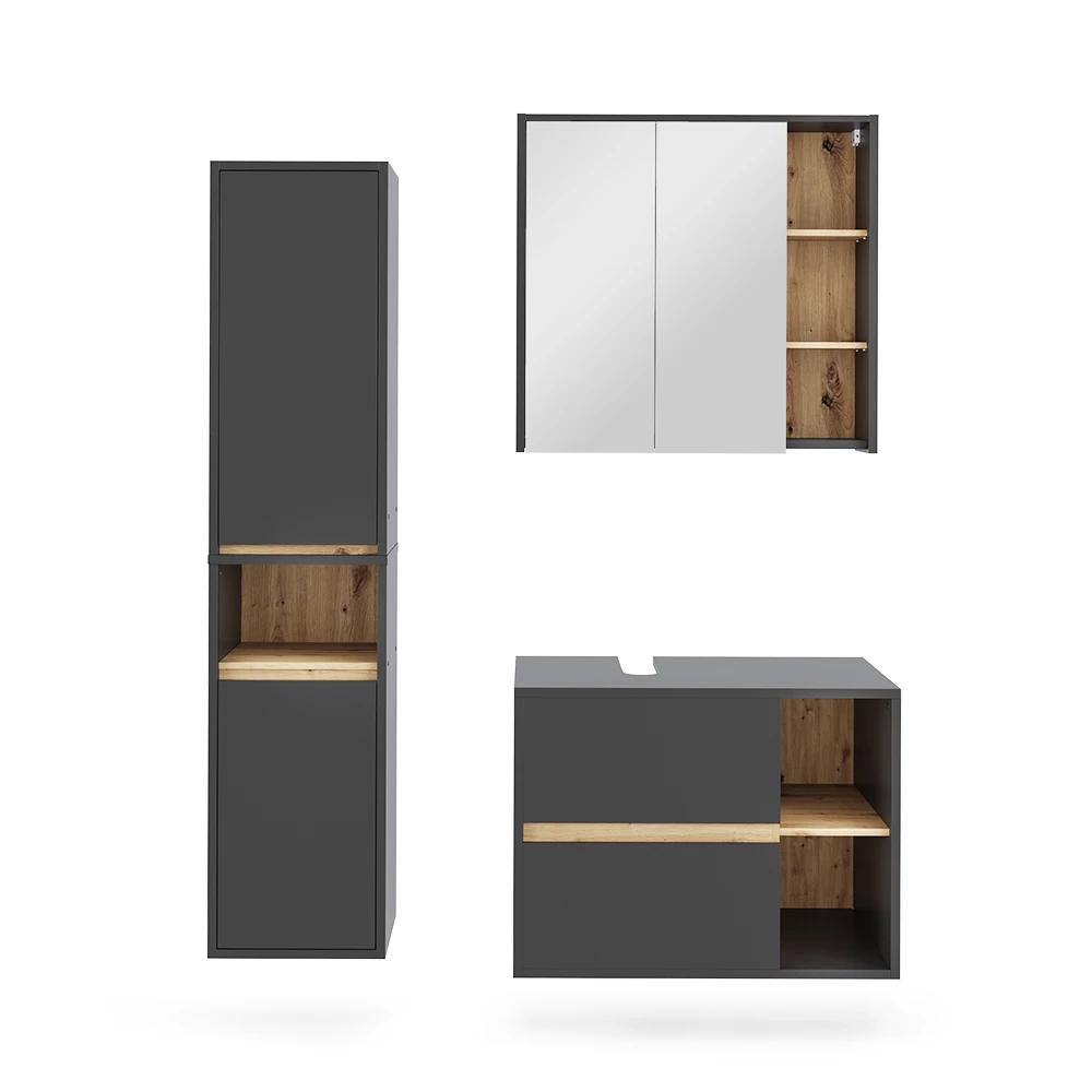 Badmöbel-Set in Grau/Artisan auf weißem Hintergrund