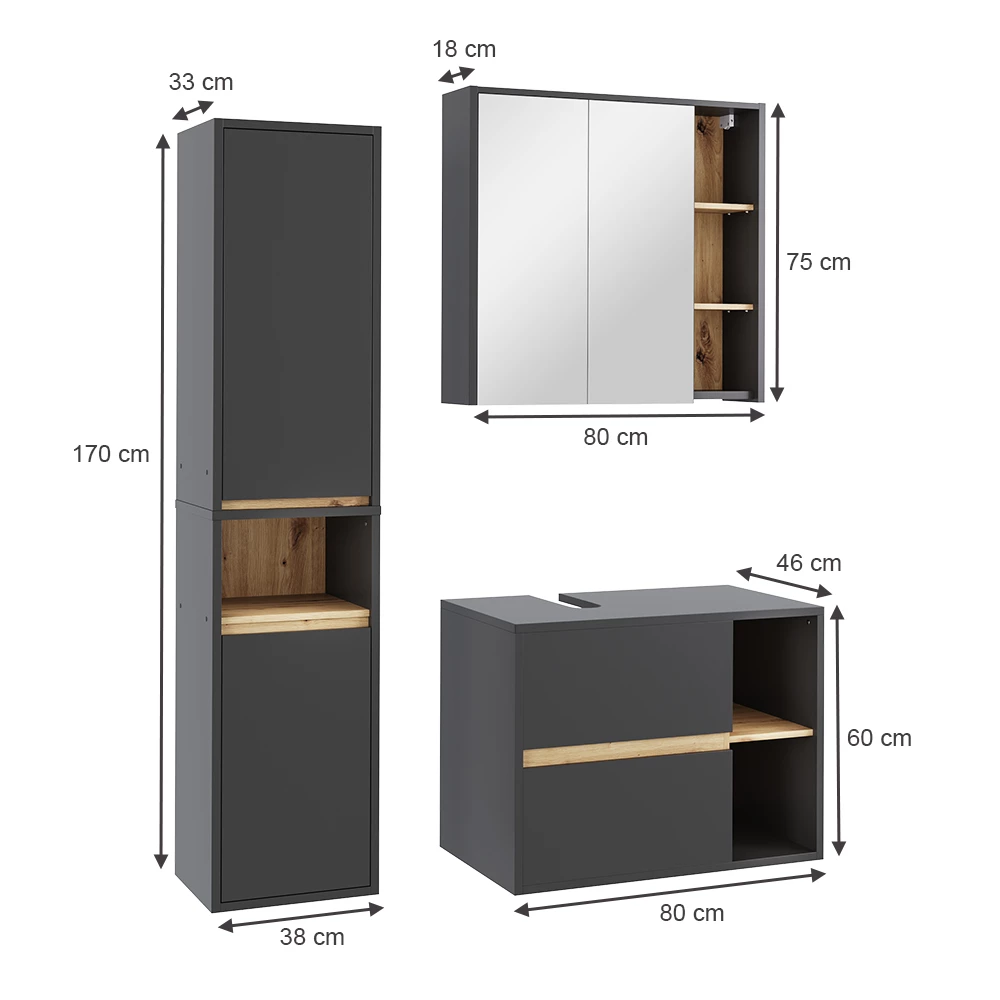 Badmöbel-Set in Grau/Artisan auf weißem Hintergrund mit sichtbaren Maßen