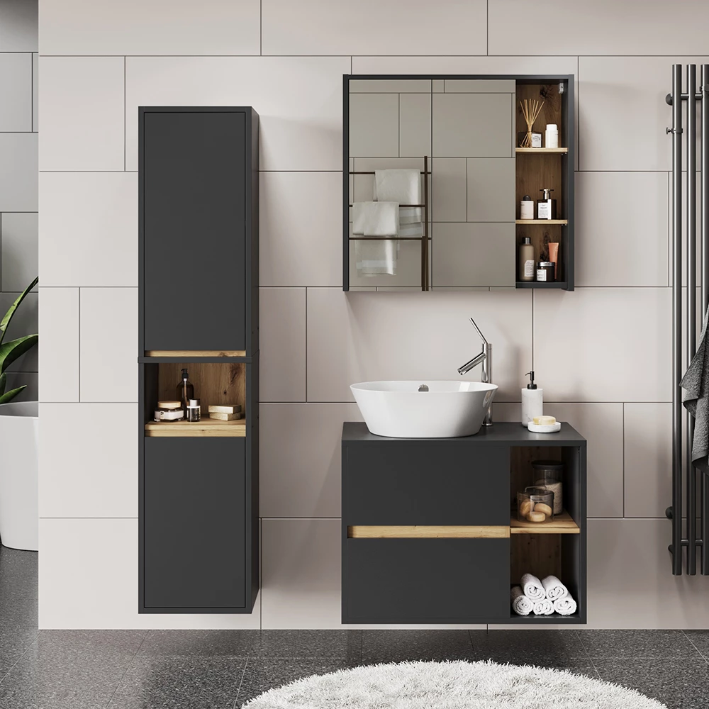 Badmöbel-Set in Grau/Artisan, dargestellt im Ambiente mit Dekoration
