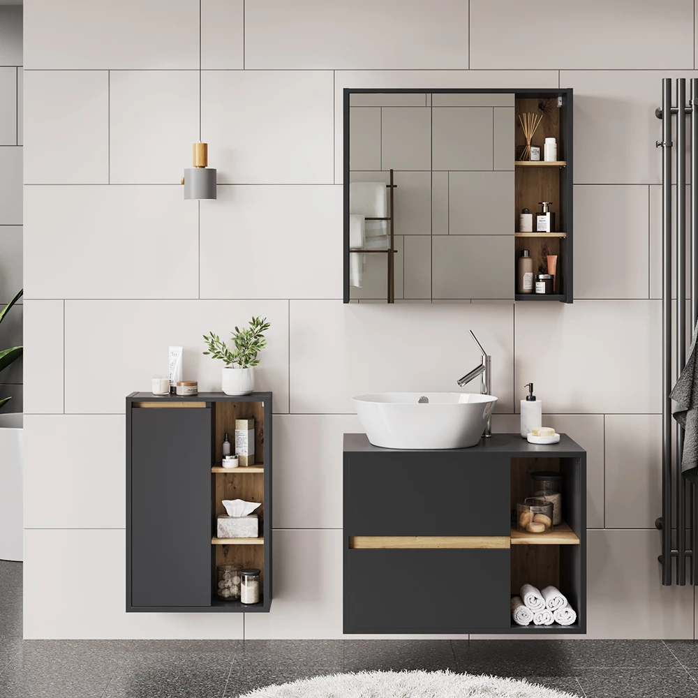 Badmöbel-Set in Grau/Artisan, dargestellt im Ambiente mit Dekoration