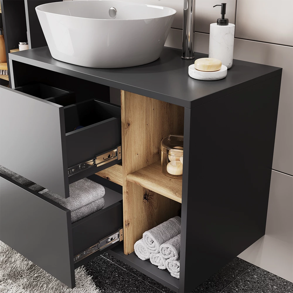 Nahaufnahme von Badmöbel-Set in Grau/Artisan, zeigt Textur/Details