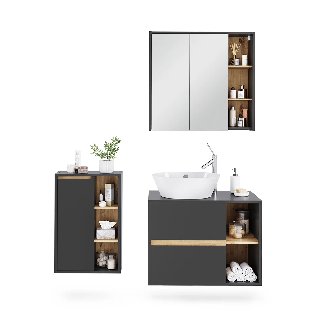 Badmöbel-Set in Grau/Artisan auf weißem Hintergrund mit dekorativen Elementen