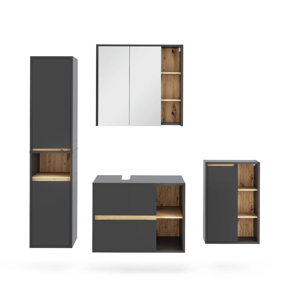 Badmöbel-Set in Grau/Artisan auf weißem Hintergrund