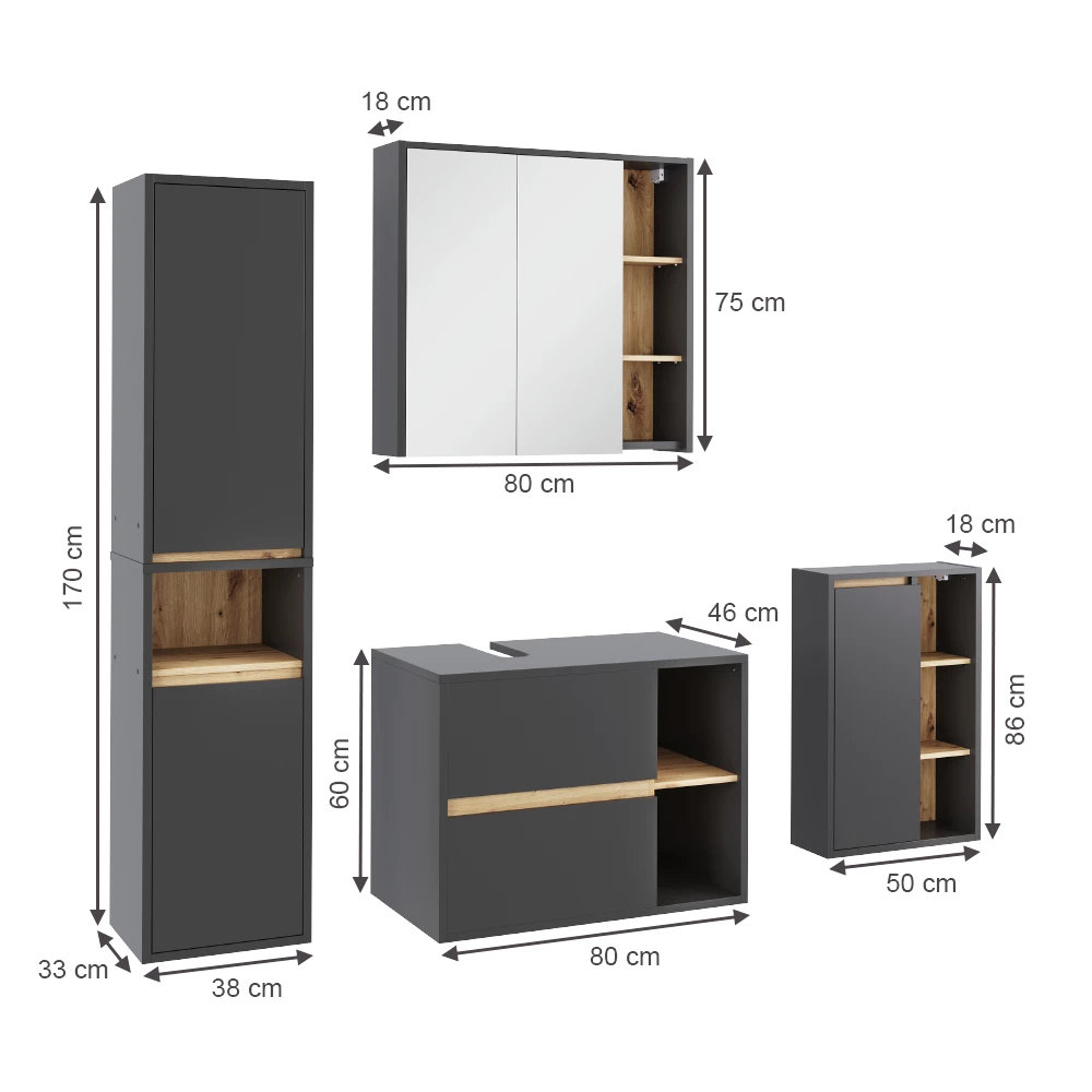 Badmöbel-Set in Grau/Artisan auf weißem Hintergrund mit sichtbaren Maßen