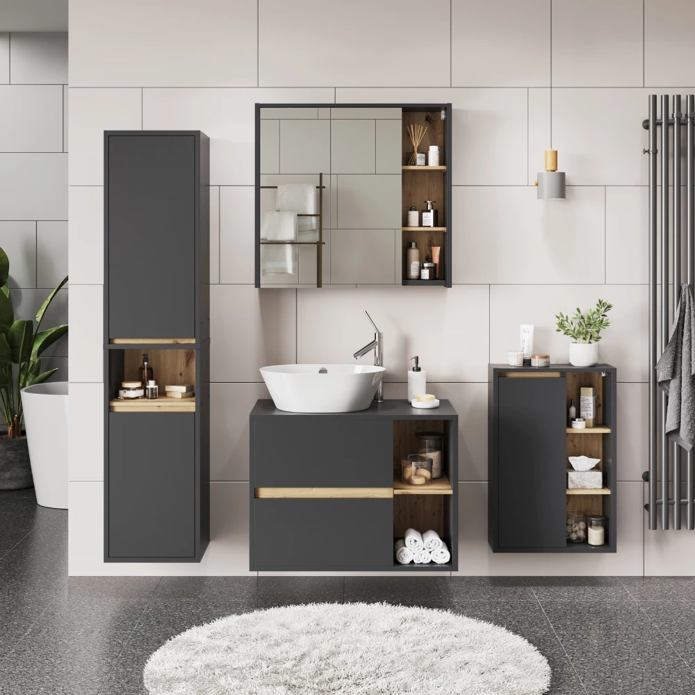 Badmöbel-Set in Grau/Artisan, dargestellt im Ambiente mit Dekoration