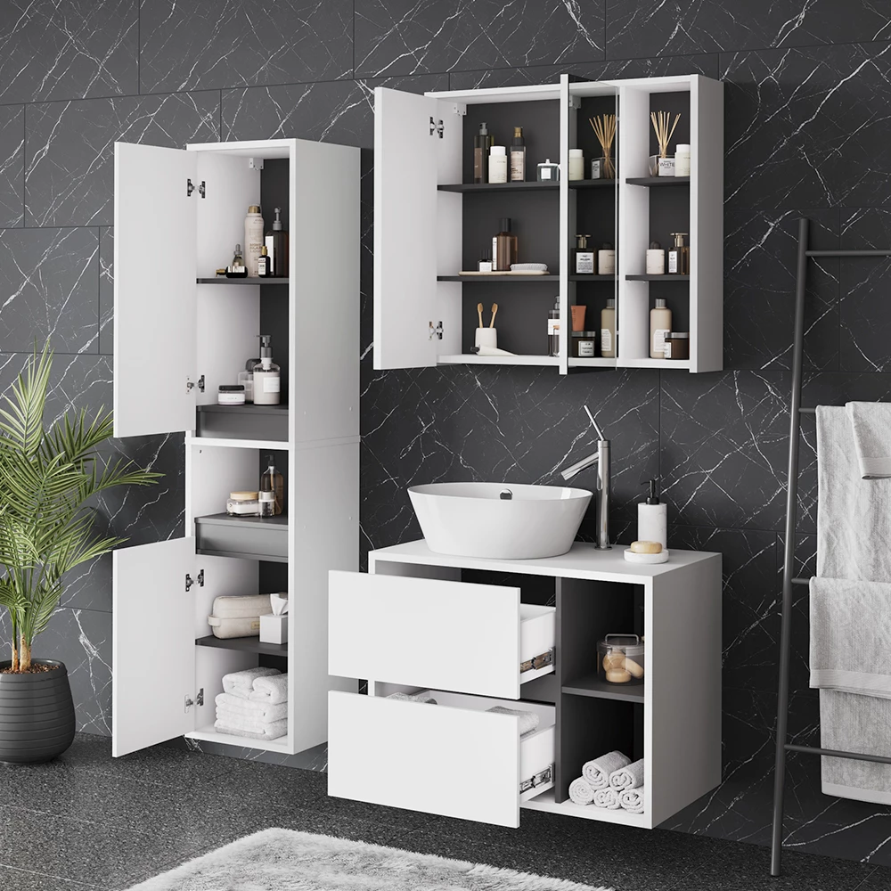 Nahaufnahme von Badmöbel-Set in Weiß/Grau, zeigt Design- und Oberflächendetails