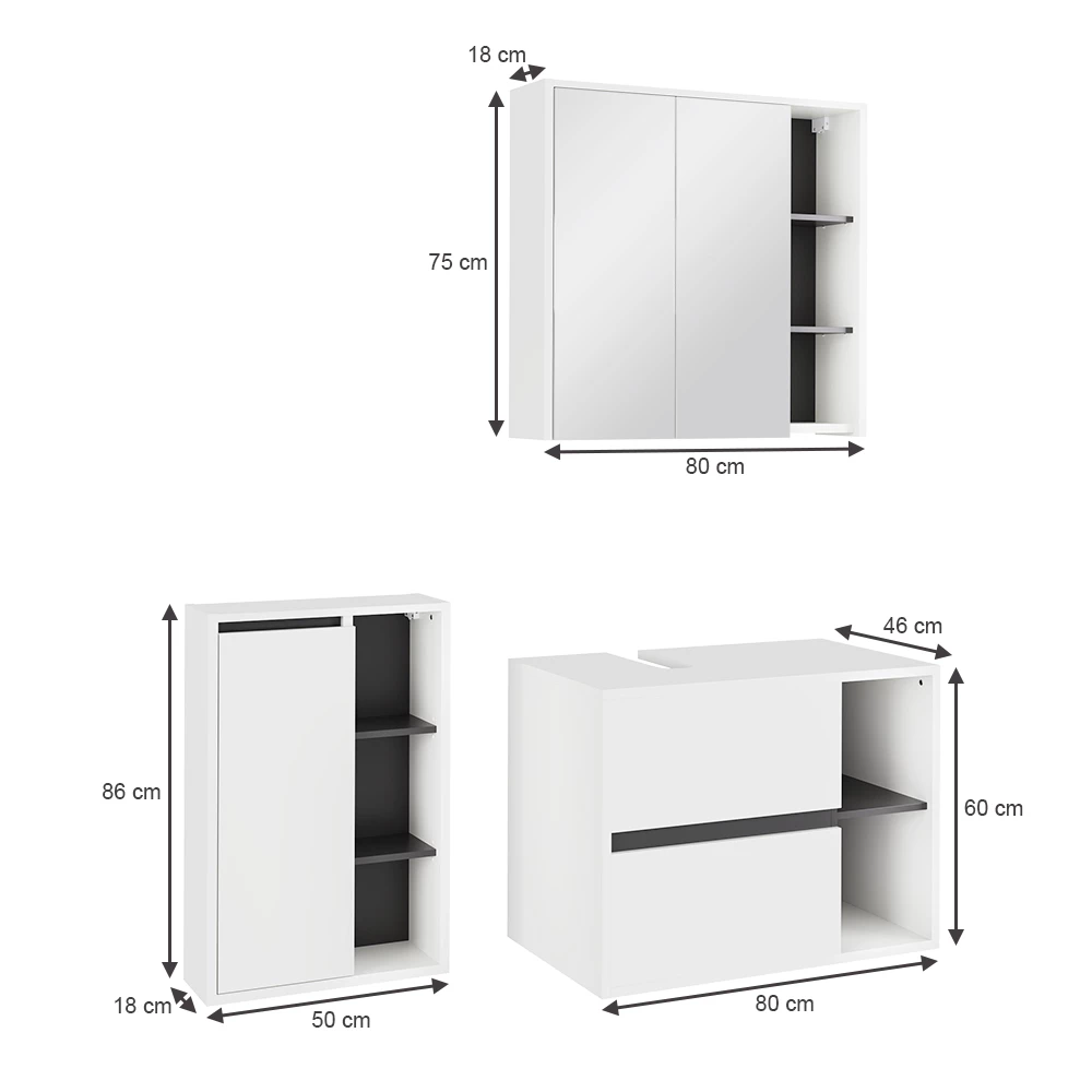 Badmöbel-Set in Weiß/Grau auf weißem Hintergrund mit sichtbaren Maßen
