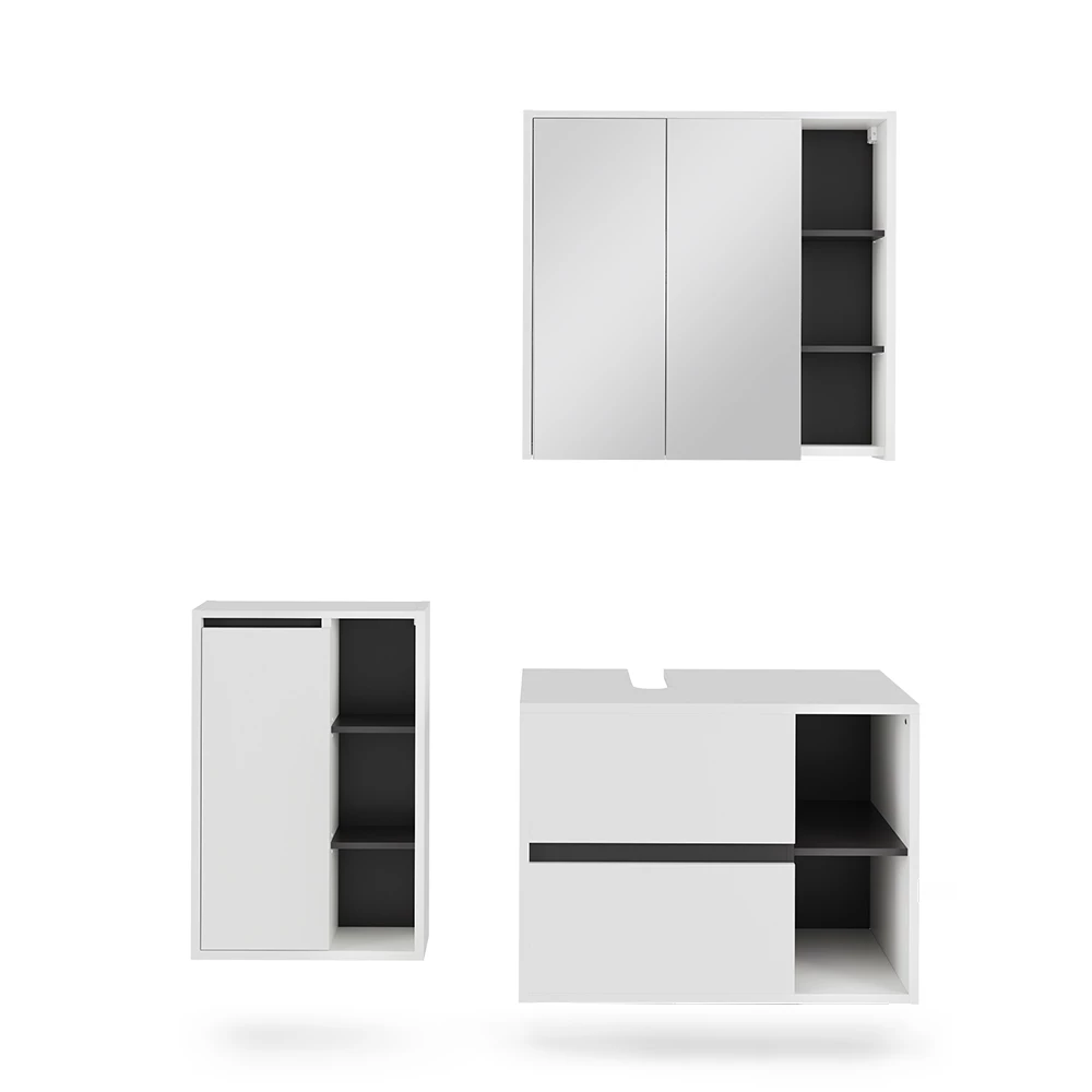 Badmöbel-Set in Weiß/Grau auf weißem Hintergrund