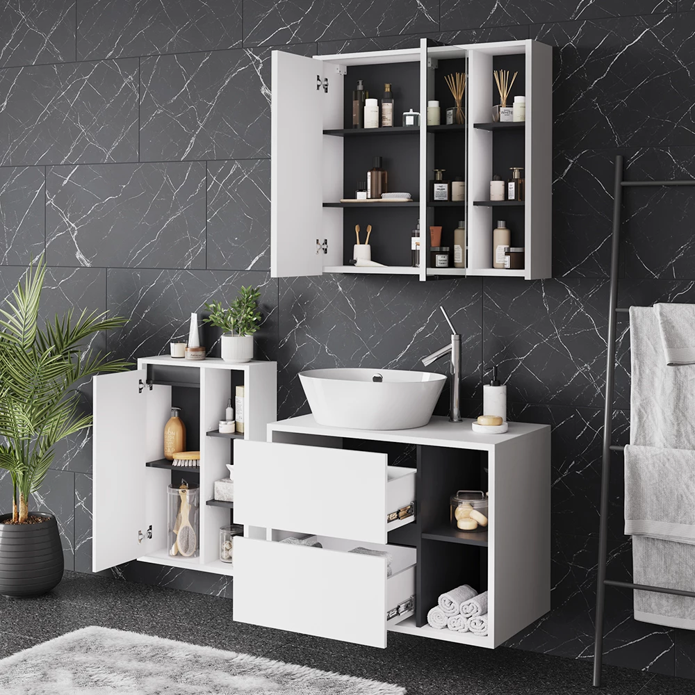 Nahaufnahme von Badmöbel-Set in Weiß/Grau, zeigt Design- und Oberflächendetails