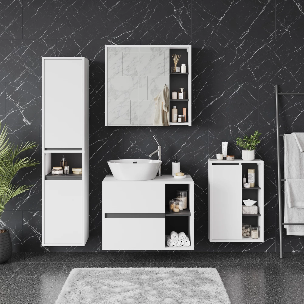 Badkamermeubelset in Wit/Grijs, getoond in een sfeervolle omgeving met decoratie