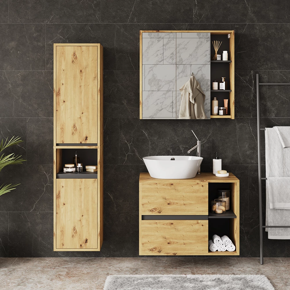 Badmöbel-Set in Artisan/Grau, dargestellt im Ambiente mit Dekoration