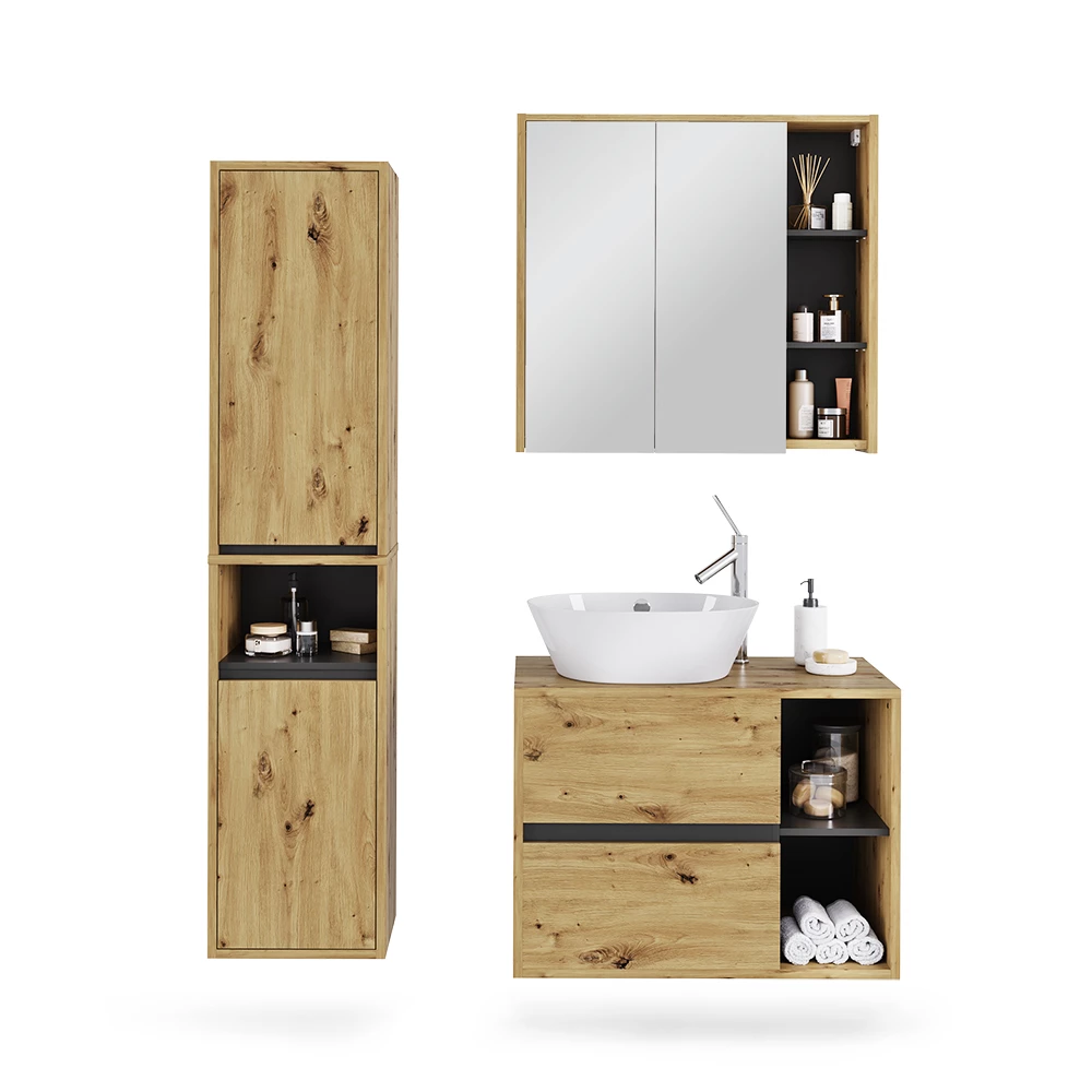 Badmöbel-Set in Artisan/Grau auf weißem Hintergrund mit dekorativen Elementen