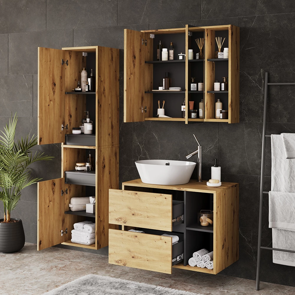 Nahaufnahme von Badmöbel-Set in Artisan/Grau, zeigt Design- und Oberflächendetails