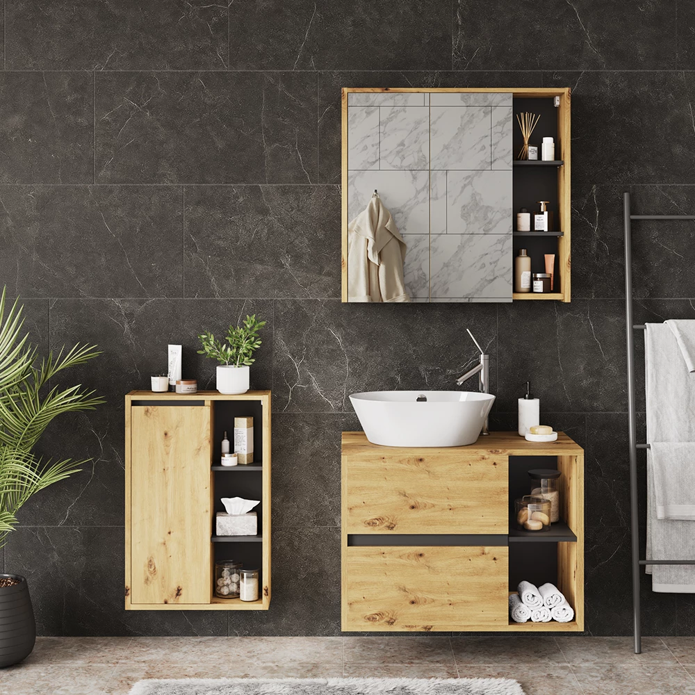 Badmöbel-Set in Artisan/Grau, dargestellt im Ambiente mit Dekoration