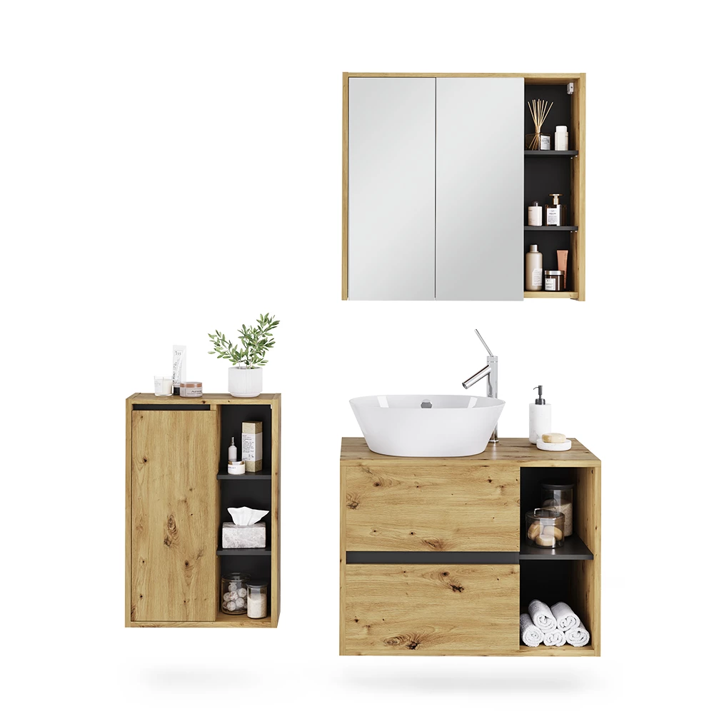 Badmöbel-Set in Artisan/Grau auf weißem Hintergrund mit dekorativen Elementen