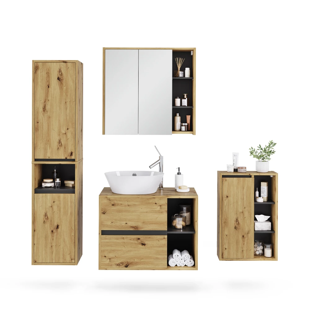 Badkamermeubelset in Artisanaal/grijs op een witte achtergrond met decoratieve elementen
