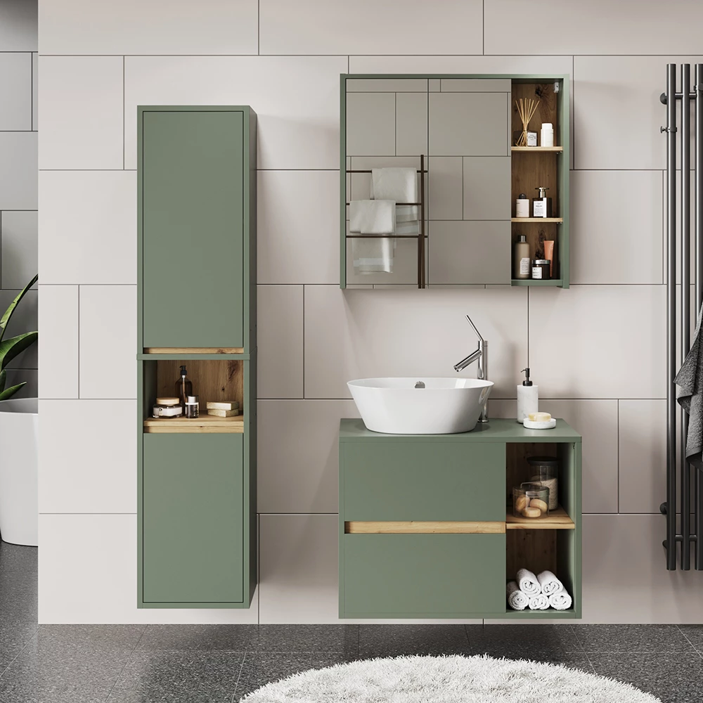 Badmöbel-Set in Grün/Artisan, dargestellt im Ambiente mit Dekoration