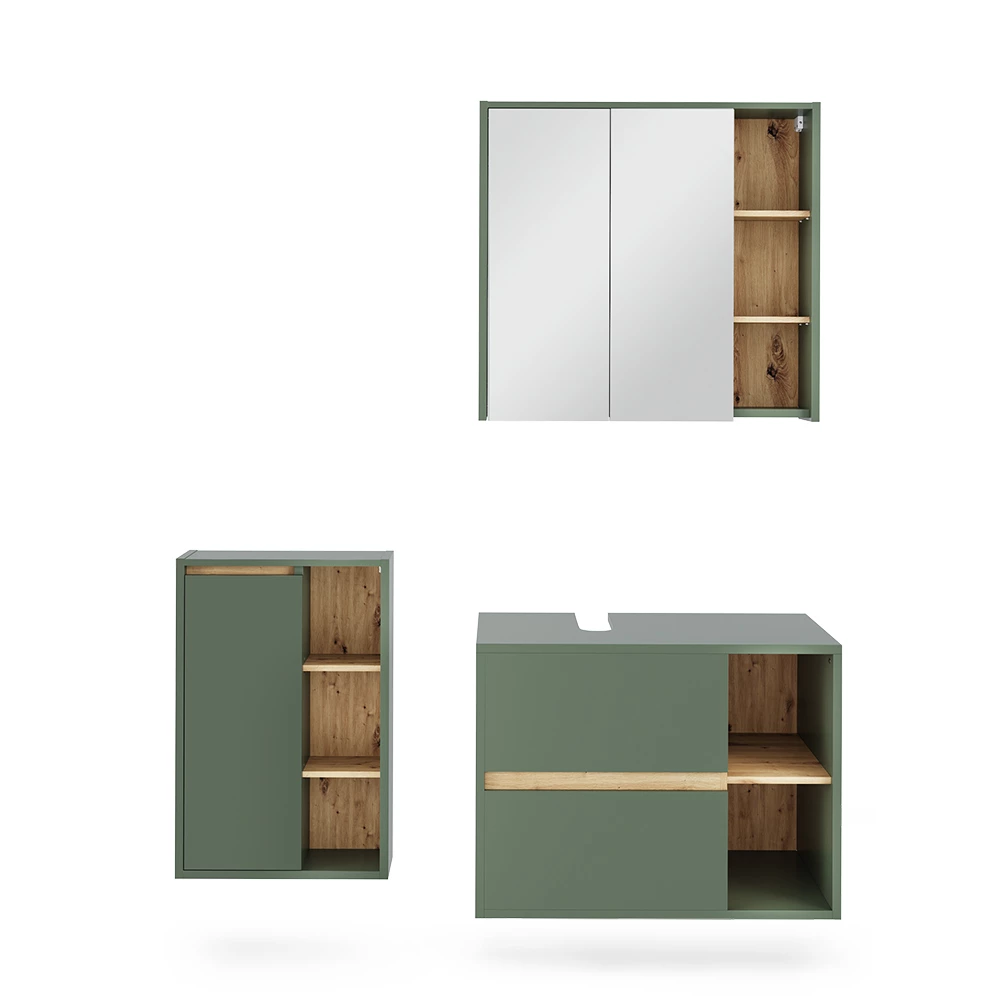 Set di mobili da bagno in Verde/Artigianale su sfondo bianco