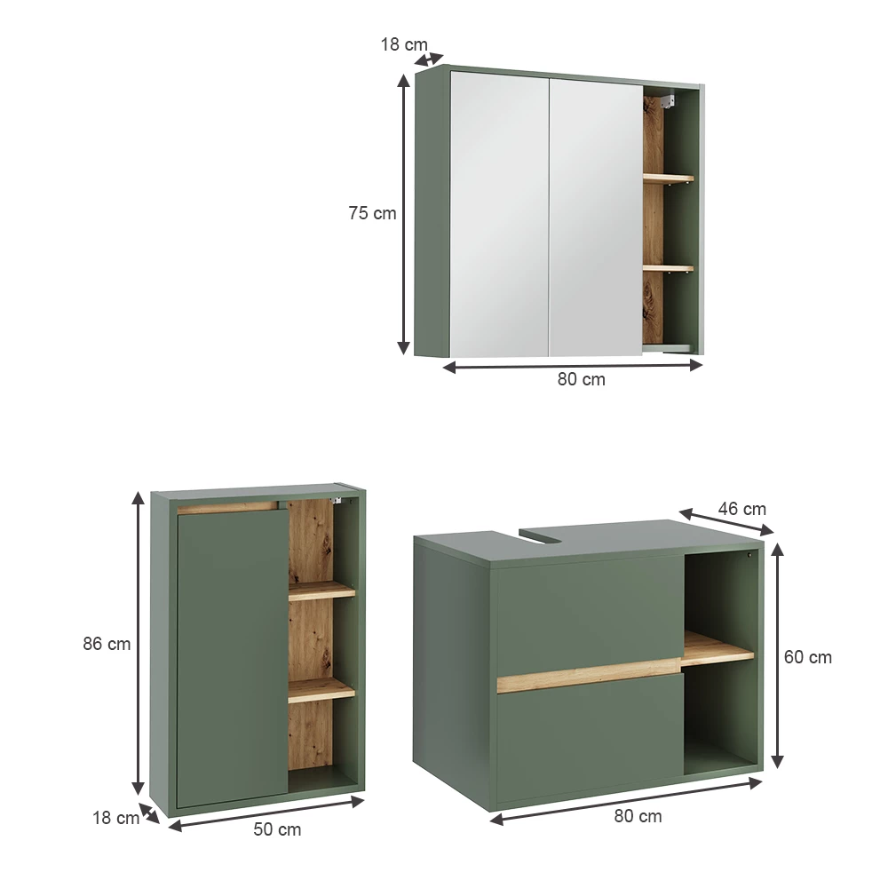 Set di mobili da bagno in Verde/Artigianale su sfondo bianco con dimensioni visibili
