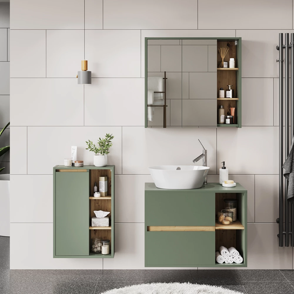 Set di mobili da bagno in Verde/Artigianale, mostrato in un ambiente ambientale con decorazioni
