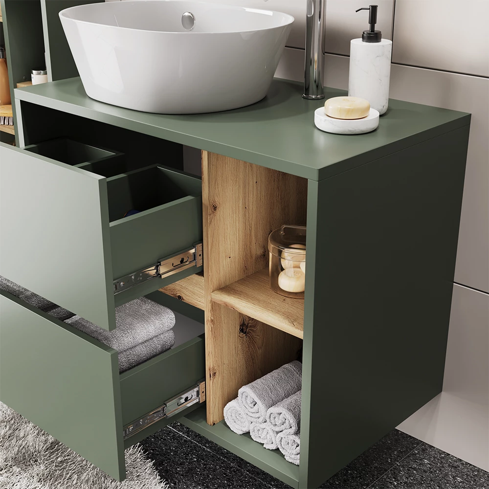 Primo piano di Set di mobili da bagno in Verde/Artigianale, mostrando texture/dettagli