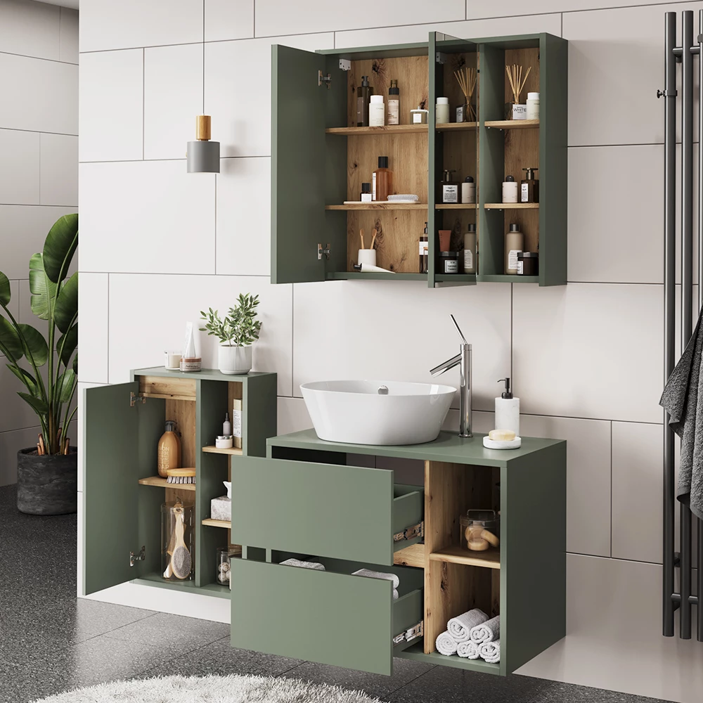 Primo piano di Set di mobili da bagno in Verde/Artigianale, mostrando design e dettagli della superficie