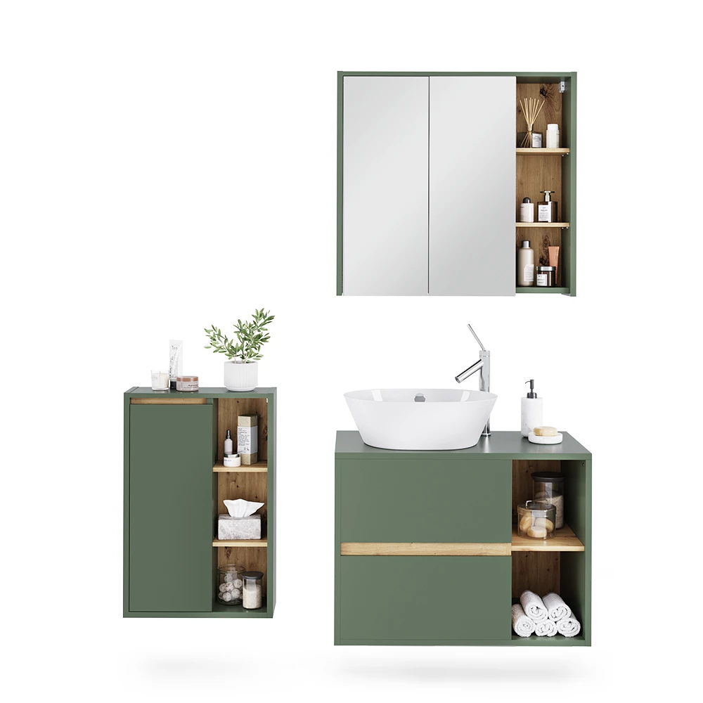 Set di mobili da bagno in Verde/Artigianale su sfondo bianco con elementi decorativi