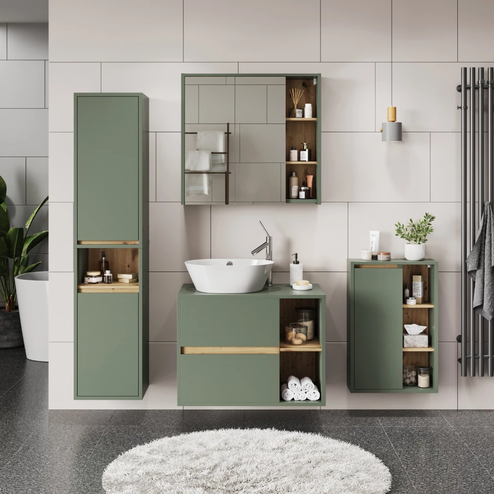 Set di mobili da bagno in Verde/Artigianale, mostrato in un ambiente ambientale con decorazioni