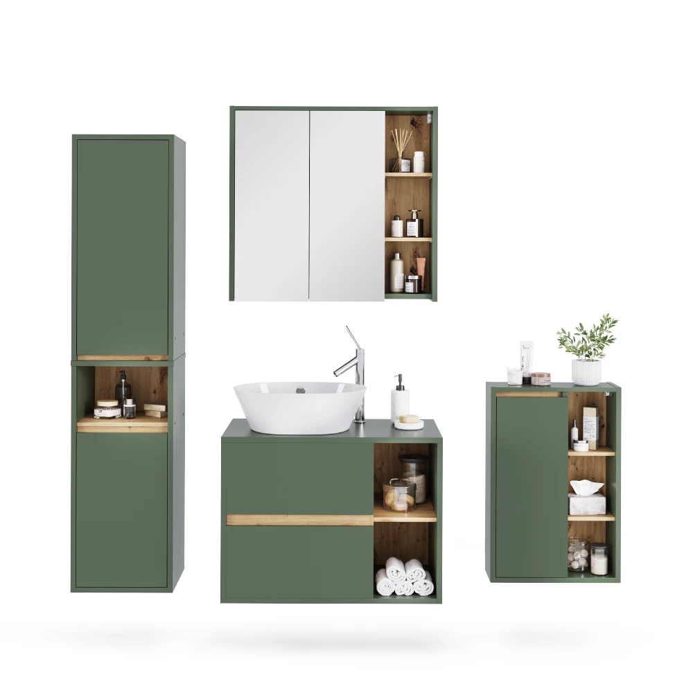 Set di mobili da bagno in Verde/Artigianale su sfondo bianco con elementi decorativi