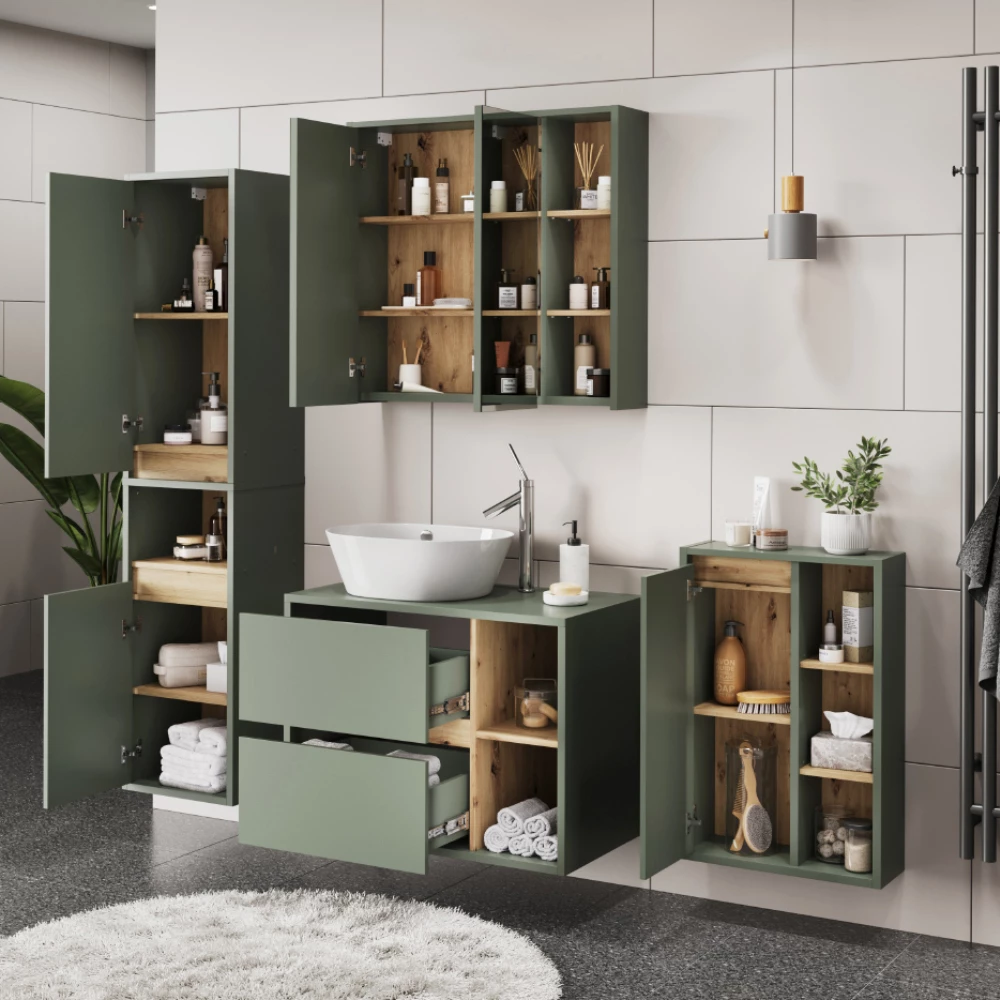 Primo piano di Set di mobili da bagno in Verde/Artigianale, mostrando design e dettagli della superficie