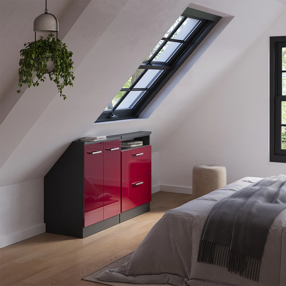 Skriňa pod šikmú strechu in Bordeaux vysoký lesk/antracit on white background