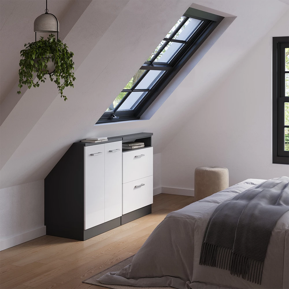 Schuin dak kast in Wit hoogglans/antraciet op een witte achtergrond