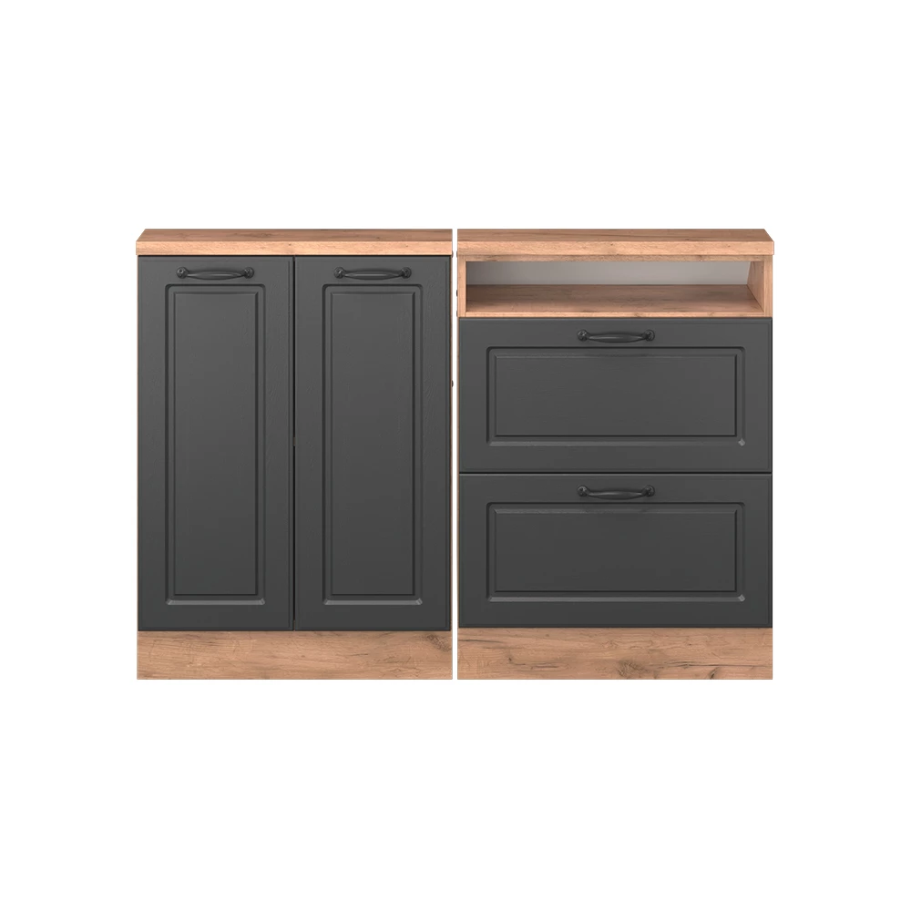Nahaufnahme von Dachschrägenschrank-Set in Anthrazit Landhaus/Goldkraft Eiche, zeigt Textur/Details