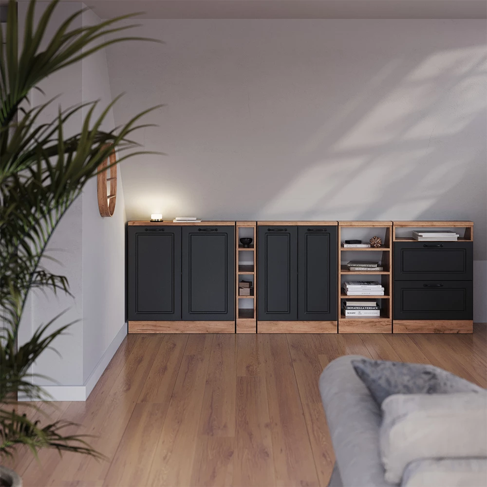 Schuin dak kast in Antraciet Landhuis/Goud Kraft Eik op een witte achtergrond met decoratieve elementen