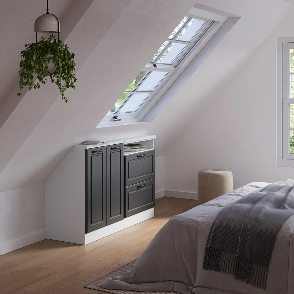 Dachschrägenschrank in Anthrazit Landhaus/Weiß auf weißem Hintergrund