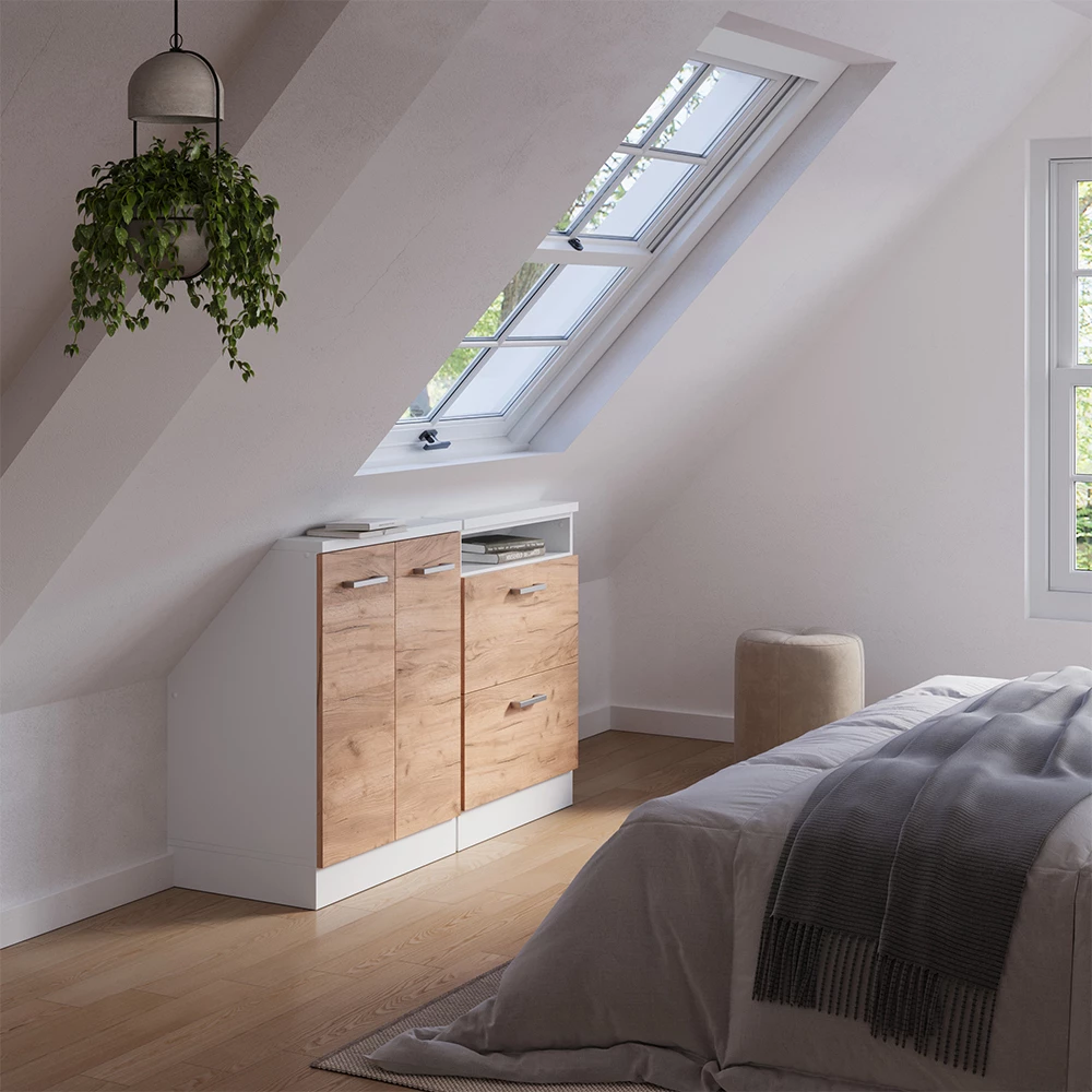 Armadio per tetti inclinati in Quercia dorata/bianco su sfondo bianco