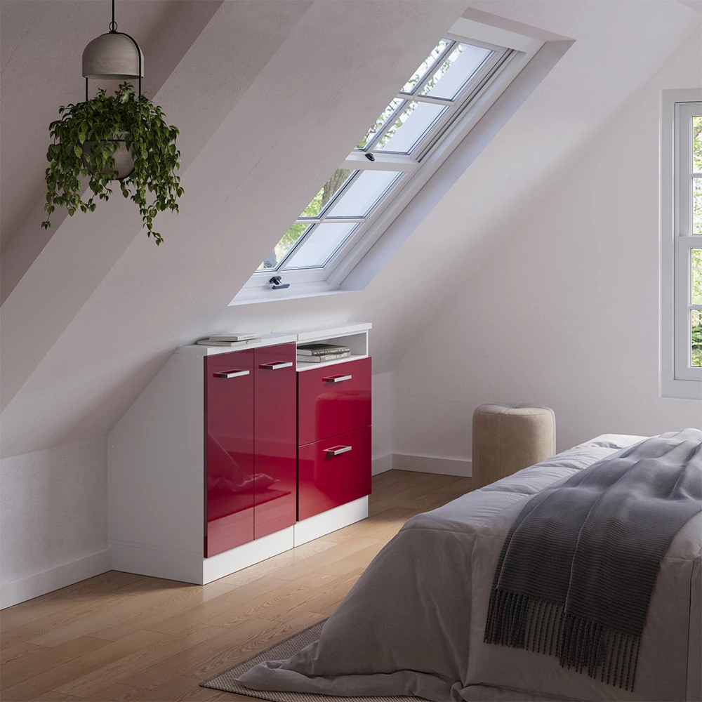 Dachschrägenschrank in Bordeaux hoogglans/wit op een witte achtergrond