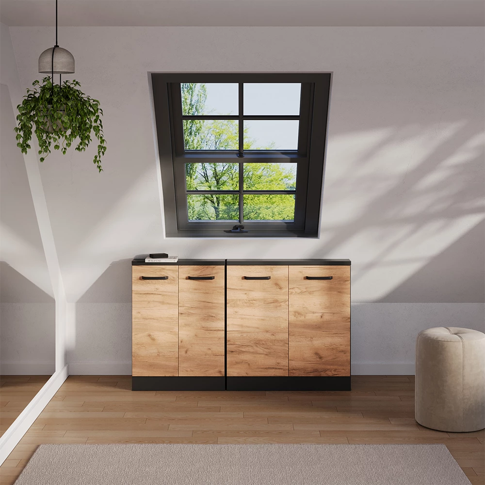 Dachschrägenschrank in Goldkraft Eiche/Anthrazit, dargestellt im Ambiente mit Dekoration