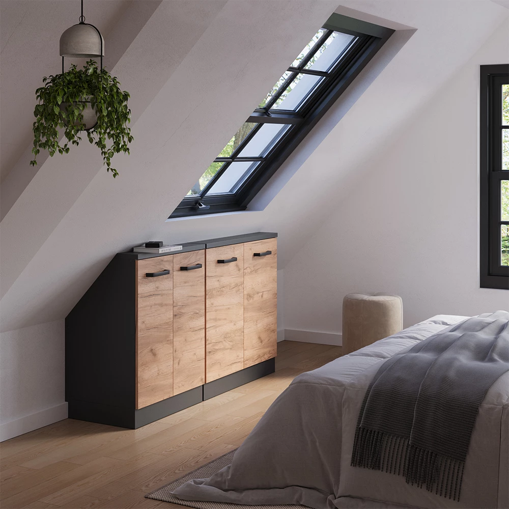 Armadio per tetti inclinati in Quercia dorata/antracite su sfondo bianco