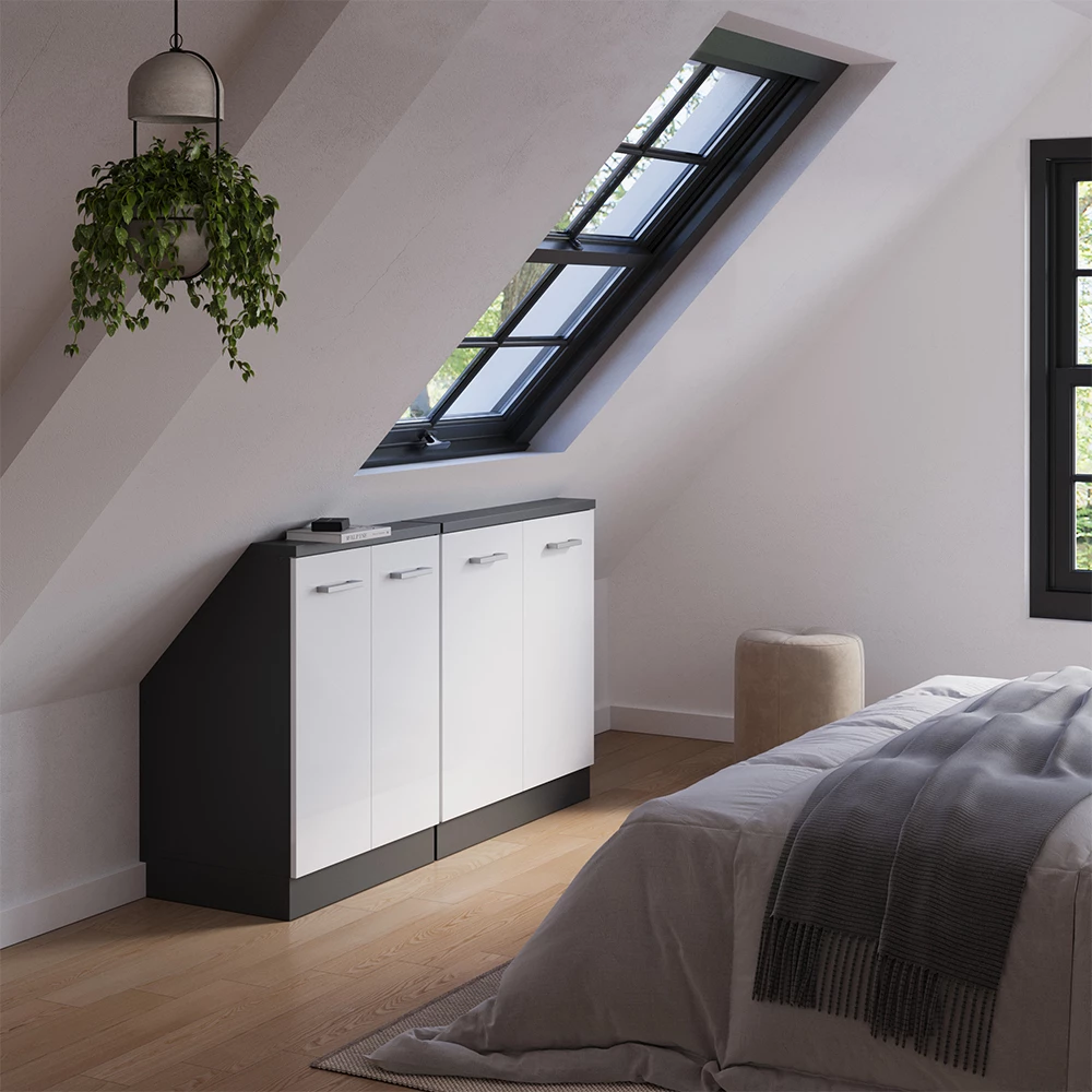 Ferde tetőszekrény Fehér magasfényű/antracit színben fehér háttéren