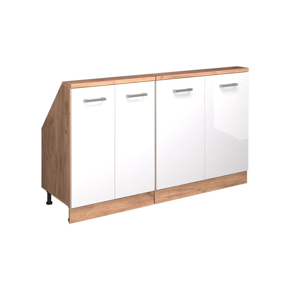 Dachschrägenschrank in Weiß Hochglanz/Goldkraft Eiche auf weißem Hintergrund