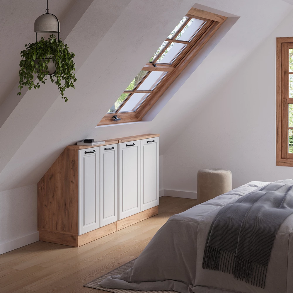 Dachschrägenschrank in Weiß Landhaus/Goldkraft Eiche on white background