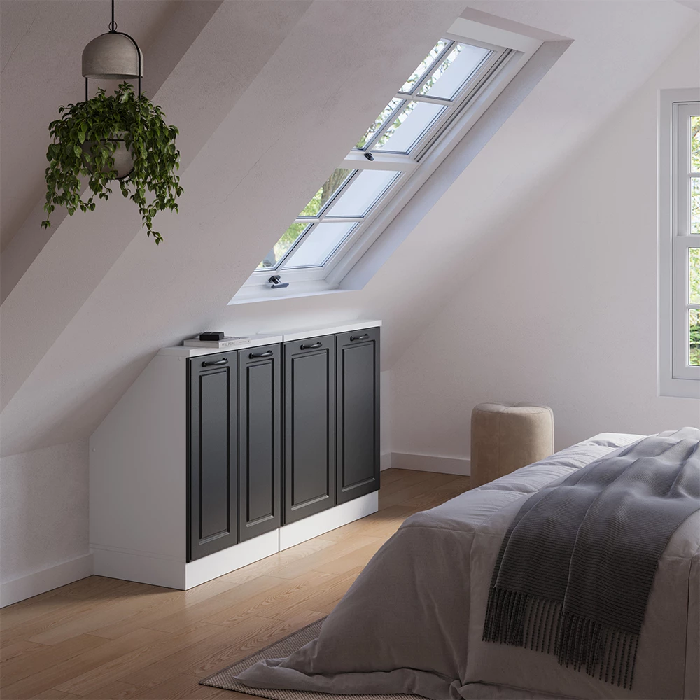 Schuin dak kast in Antraciet landhuis/wit op een witte achtergrond