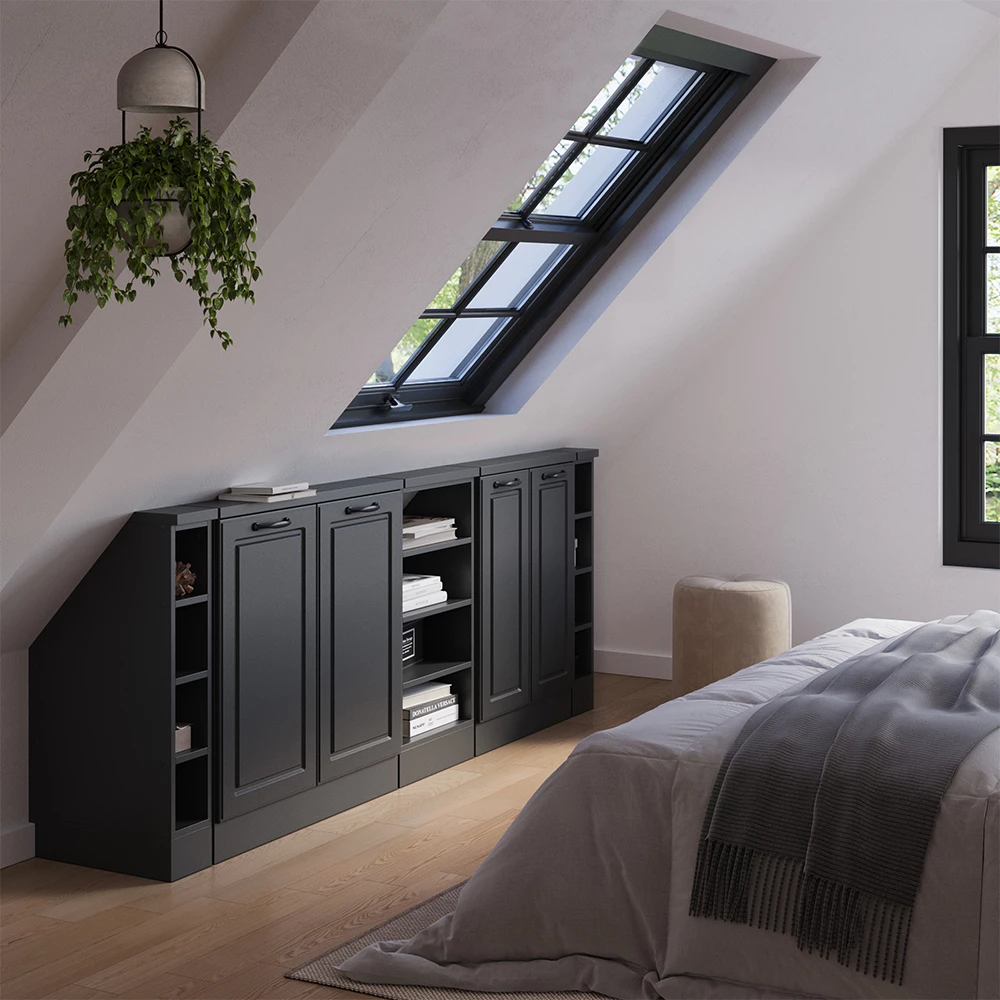 Skråt tagskab i farven Antracit landhus/antracit på hvid baggrund