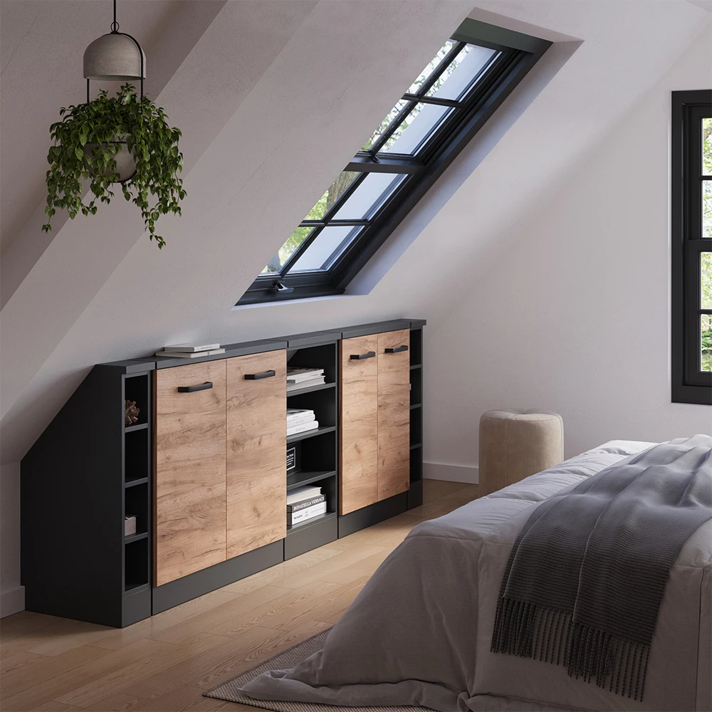 Skråt tagskab i farven Guld power eg/antracit på hvid baggrund